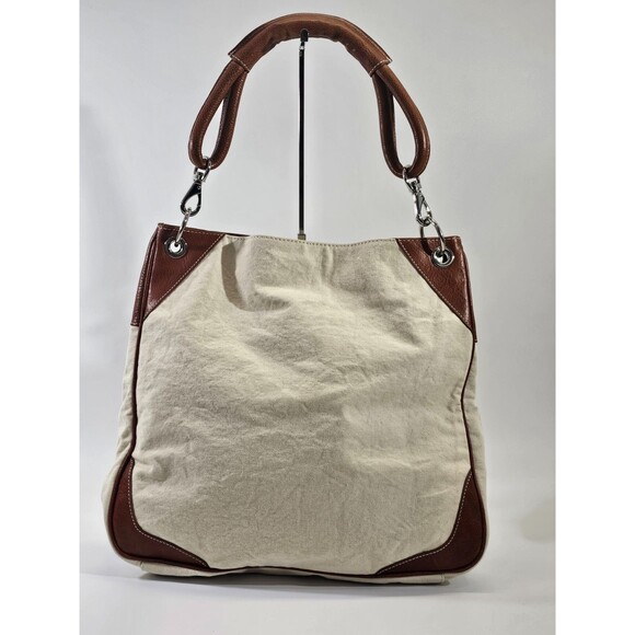 VINTAGE Lands' End XL Off-White Saddle Tote Shoulder Bag Leather Canvas Purse - Picture 2 of 11